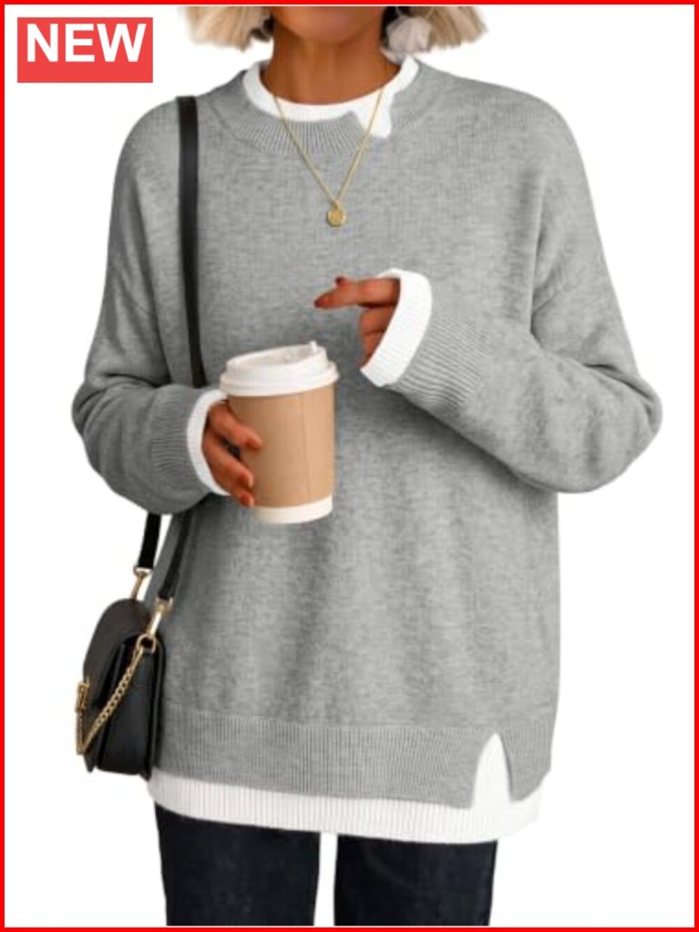 Oversized Crewneck Knit Pullover Sweater Womens Fall Winter Patchwork